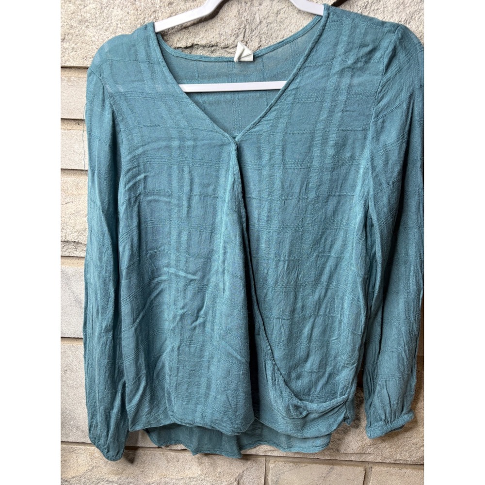 Tokyo Darling Teal Blue Textured Grid Surplice V-Neck Long Sleeve‎ Blouse Medium